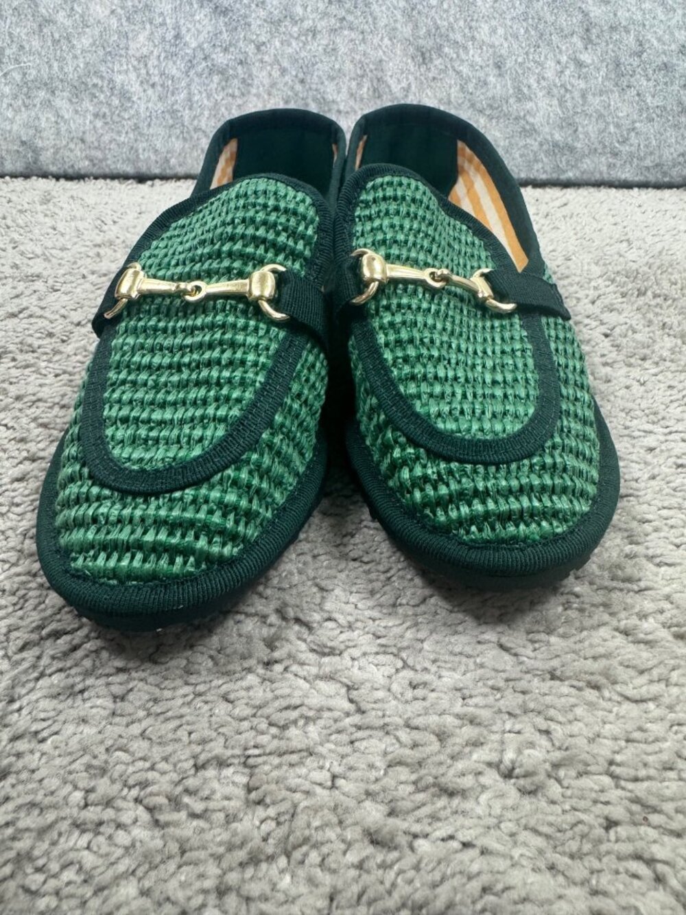 Artigiano Italy Womens Green Loafers Sz 35 Gold Horsebit Handmade Knit Textured - Picture 5 of 14